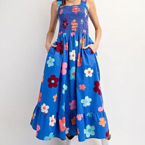 2-0329 70s Groovy Flower Cotton Smocked Maxi Dress *Boutique*